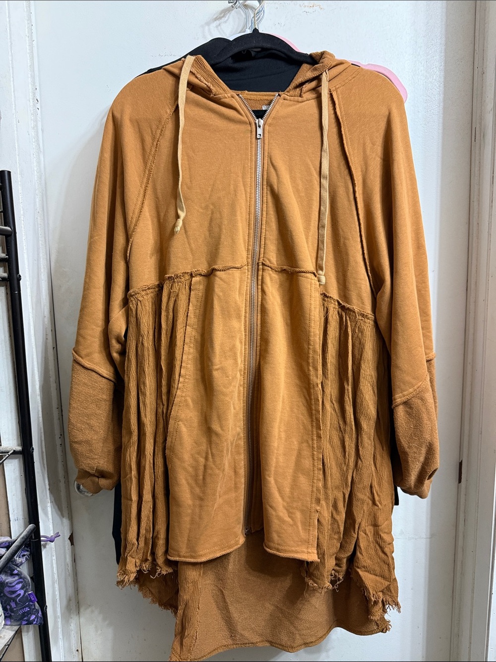 Oli & Hali Raw-Edge Hooded Zip Jacket in Mustard Brown